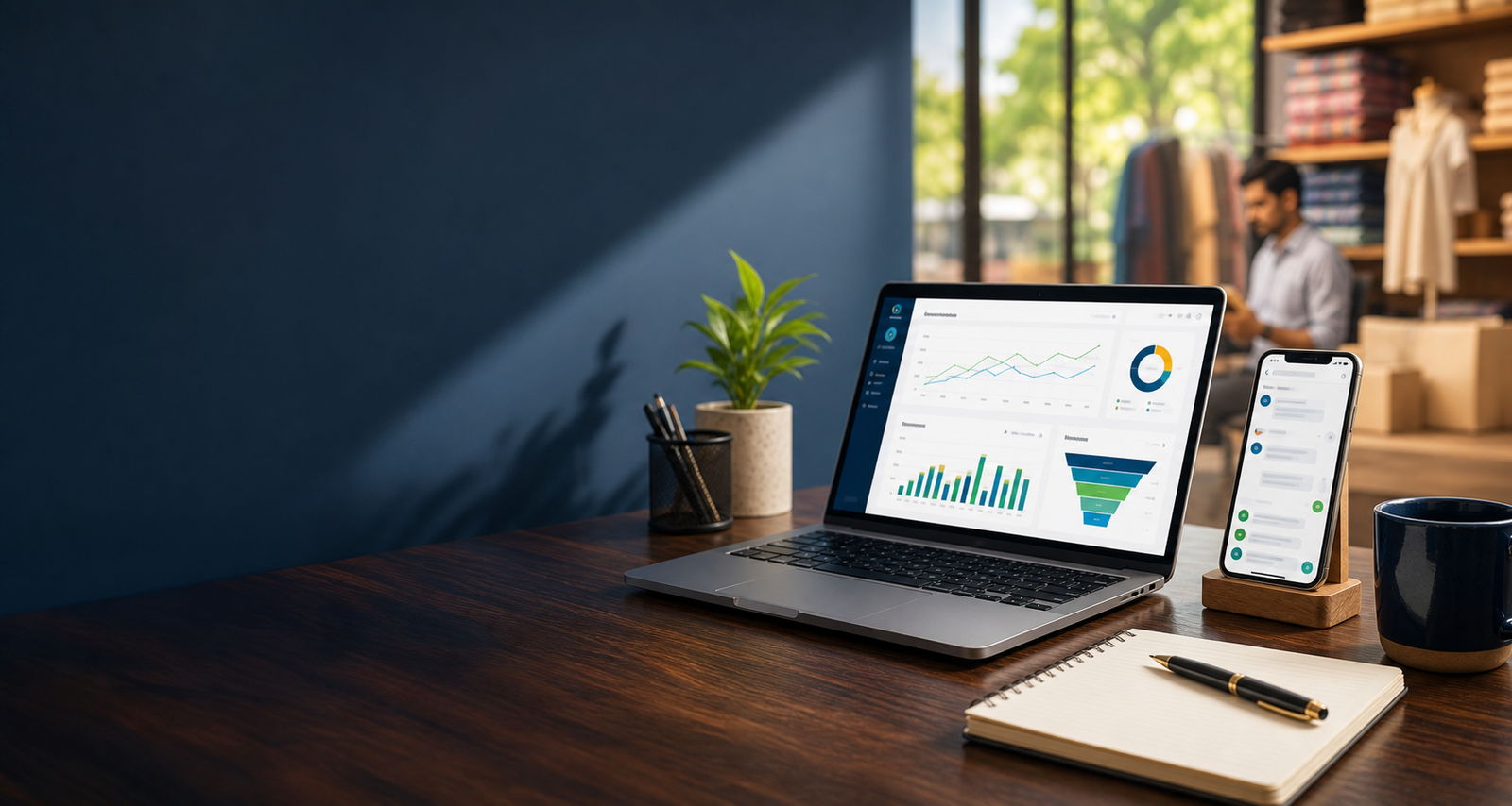Laptop dashboard with business growth charts and lead management tools